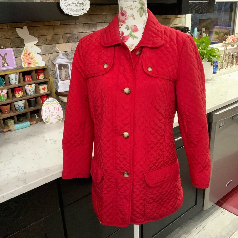 Talbots Women’s Small Red Quilted Light Car Coat Jacket Deep Front Flap Pockets